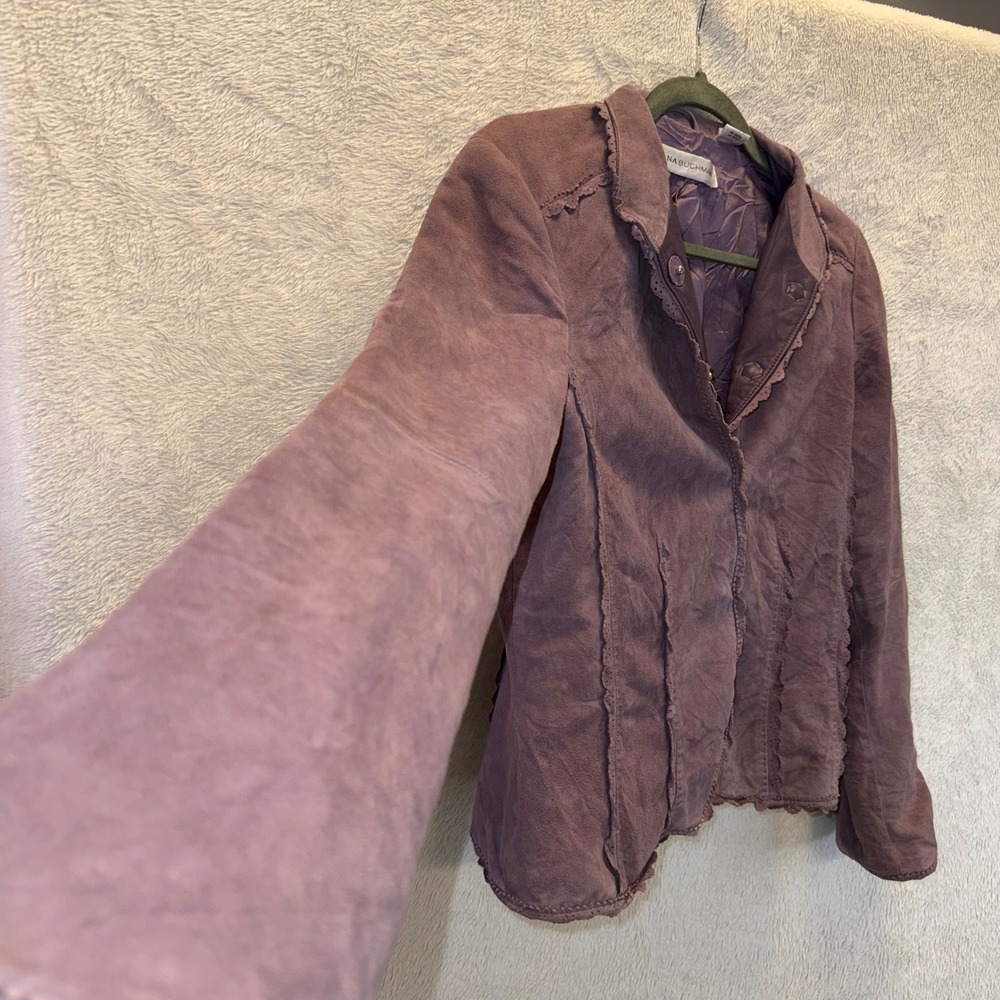 Vintage 90s Purple Genuine Suede Boho Cottagecore Scalloped Trim Jacket Size 8